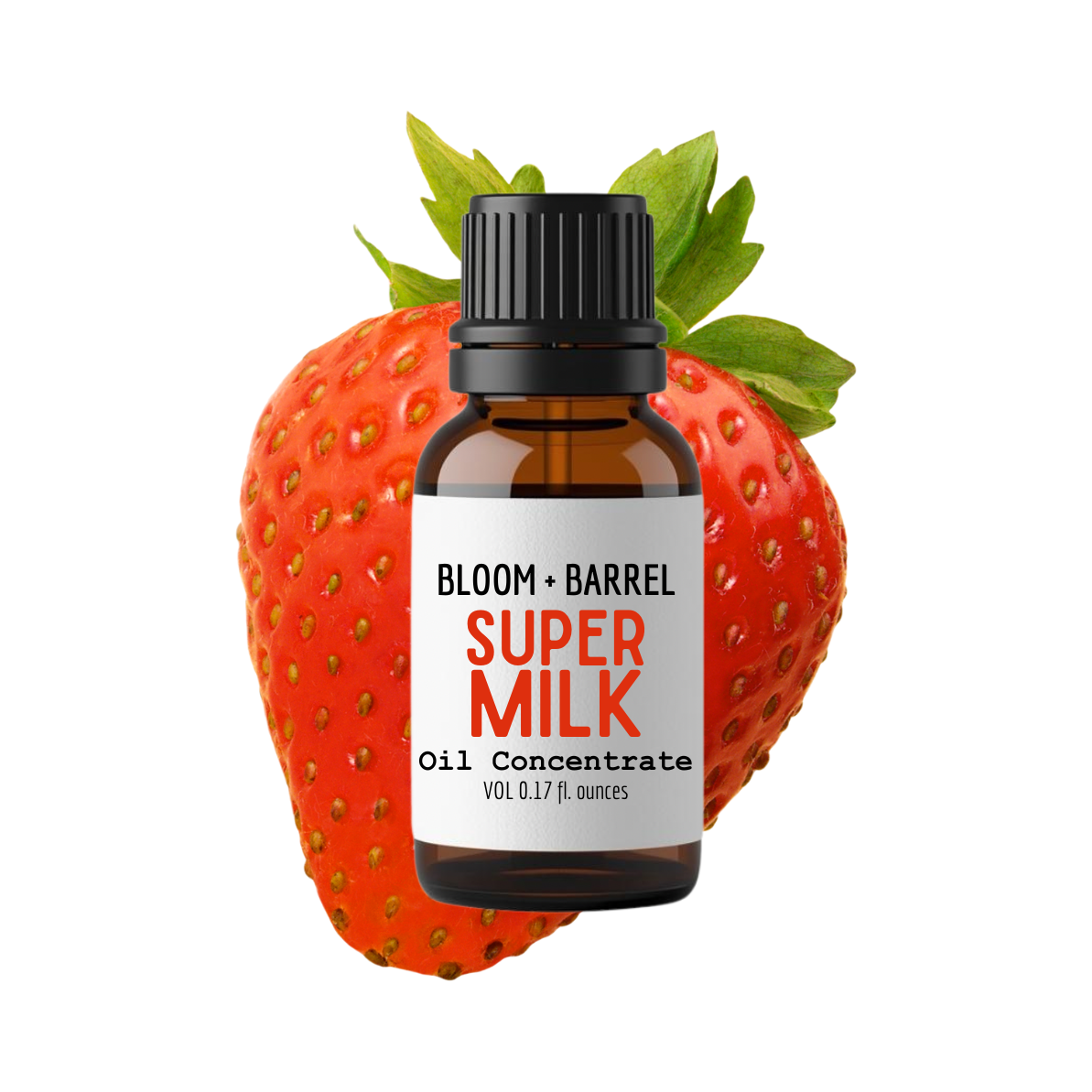Bottle of Bloom & Barrel Super Milk Oil Concentrate on a strawberry with a white background