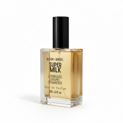Perfume bottle labeled 'Super Milk' by Bloom & Barrel on a white background