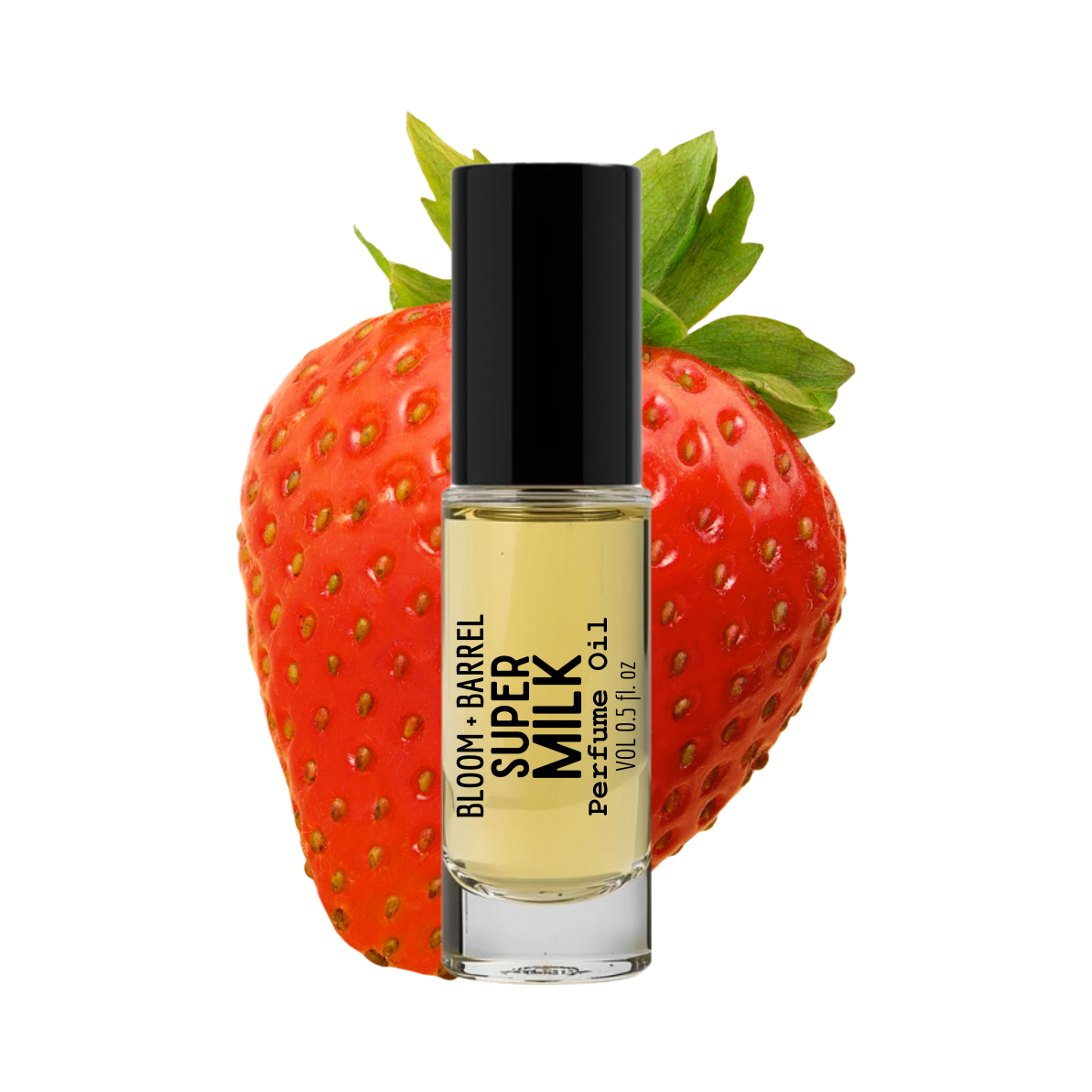 Perfume bottle labeled 'Bloom & Barrel Super Milk' on a strawberry background