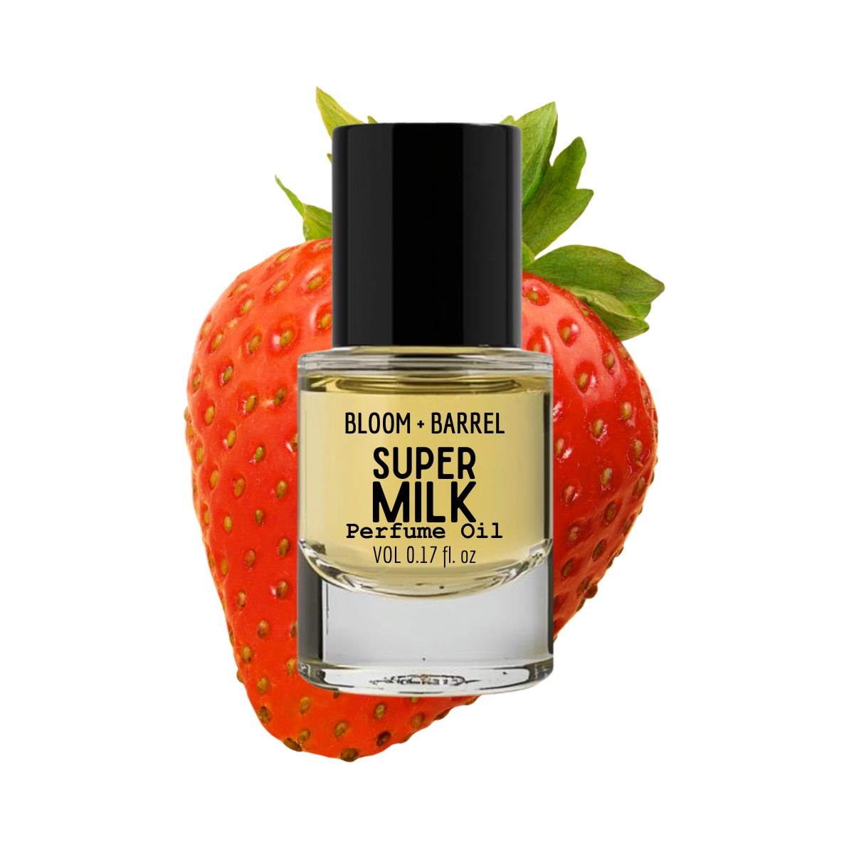 Bottle of Bloom & Barrel Super Milk Perfume Oil on a strawberry background