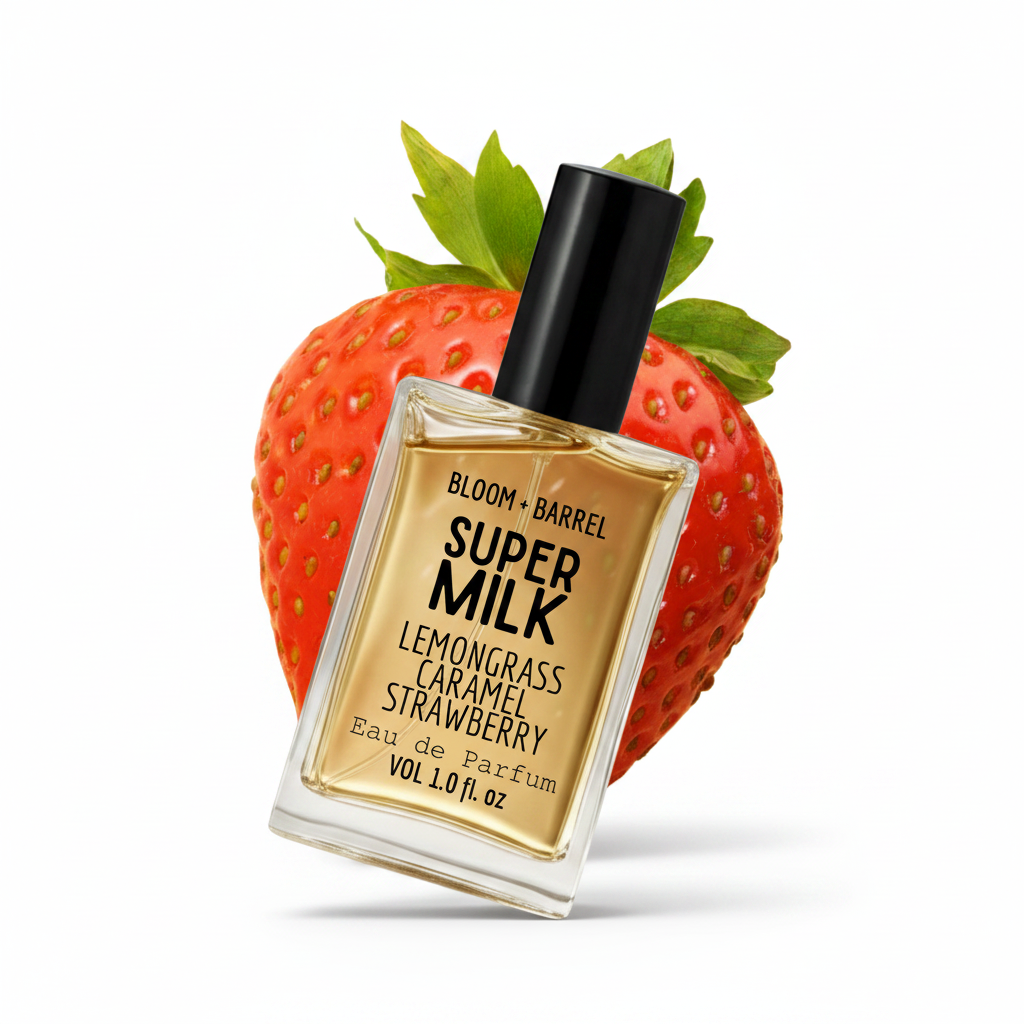 Perfume bottle labeled 'Super Milk Lemongrass Caramel Strawberry' on a strawberry-shaped stand.