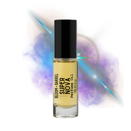 Perfume bottle labeled 'Super Nova' by Bloom & Barrel on a white background with colorful abstract design.