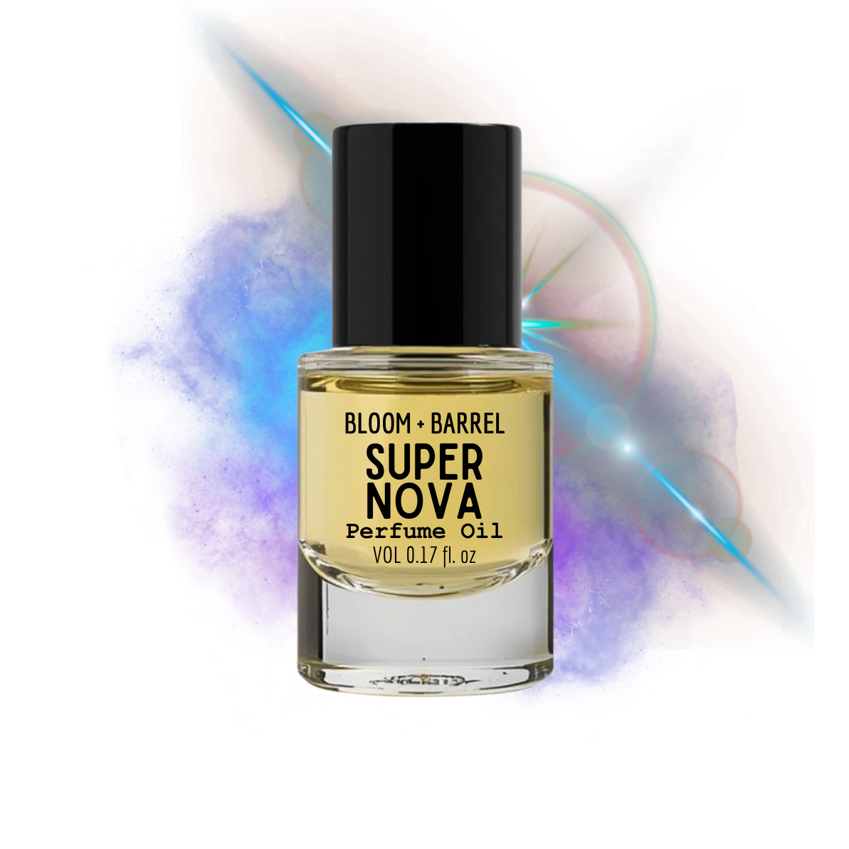 Perfume oil bottle labeled 'Super Nova' by Bloom & Barrel on a colorful abstract background