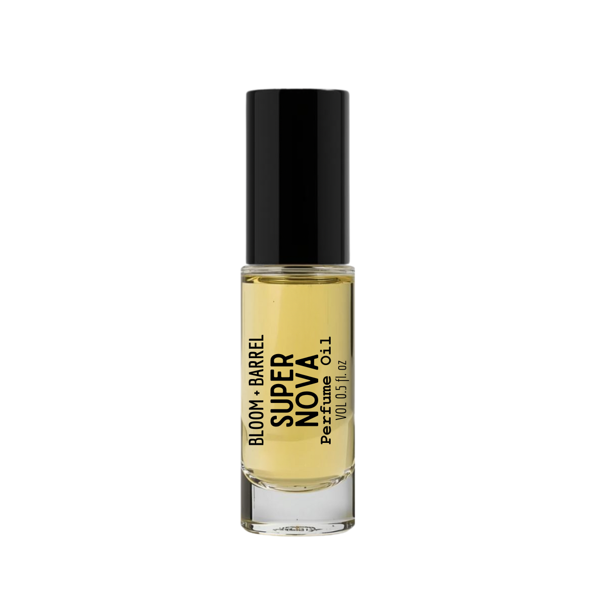Perfume bottle labeled 'Super Nova' by Bloom & Barrel on a white background