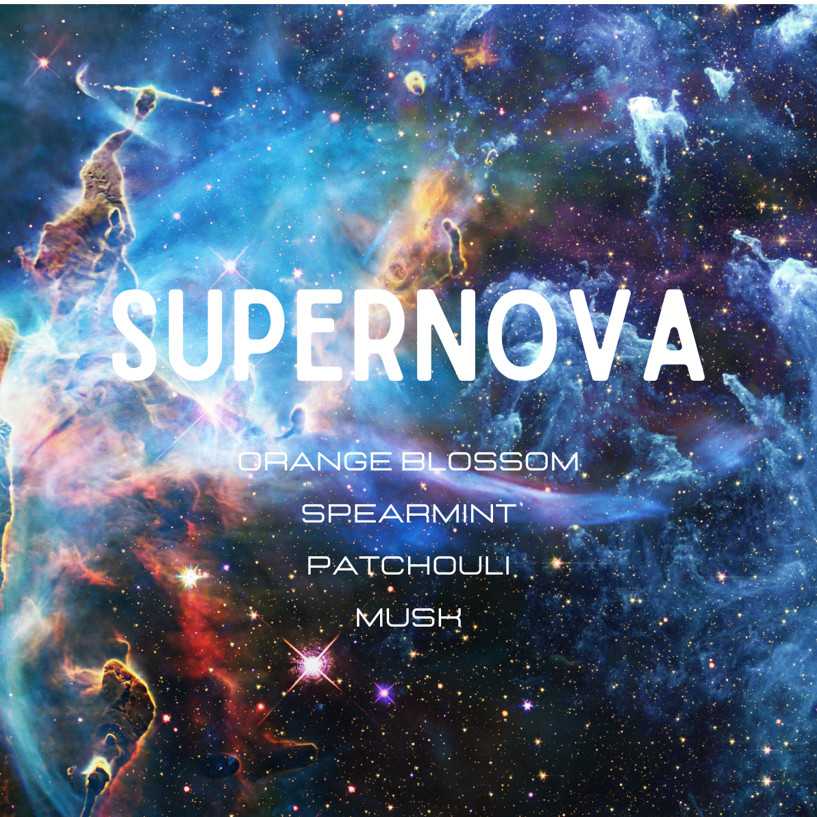 Supernova-themed product packaging with space-themed design and text.