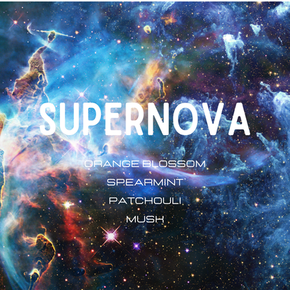 Supernova-themed product packaging with space-themed design and text.