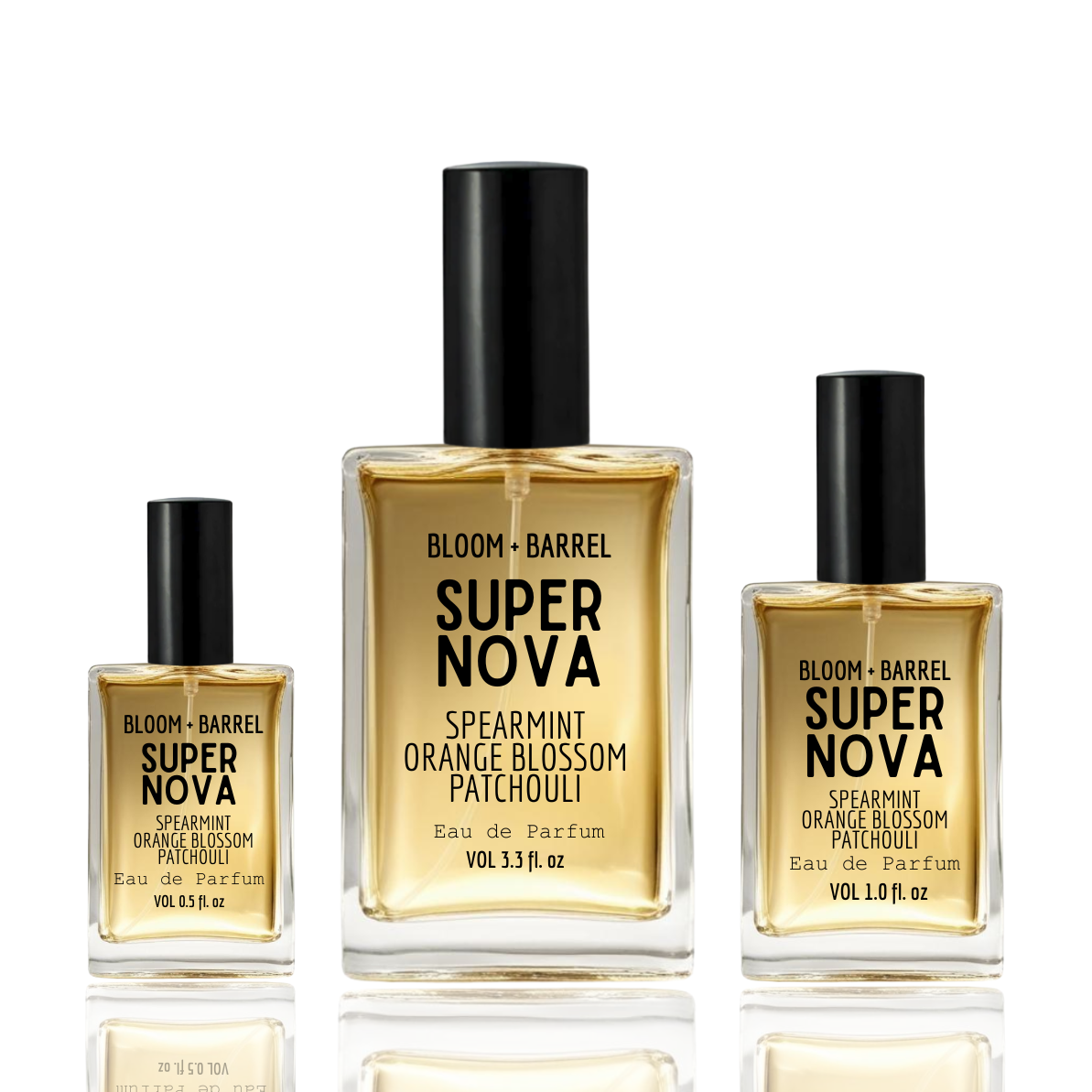 Three bottles of Bloom & Barrel Super Nova perfume on a white background