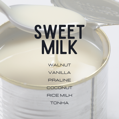 A close-up of an open can of Sweet Milk with a spoon lifting creamy milk above the rim. Large black text reads 'SWEET MILK,' with smaller flavor options listed below: Walnut, Vanilla, Praline, Coconut, Rice Milk, and Tonha.
