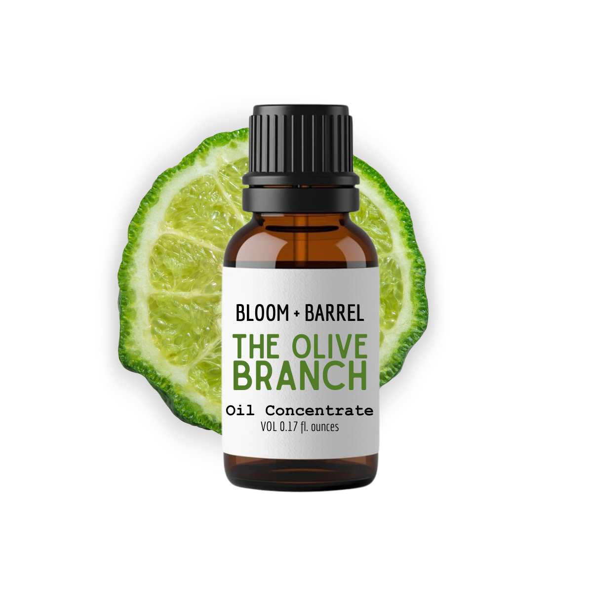 Bottle of 'The Olive Branch' oil concentrate with a lime wedge on a white background