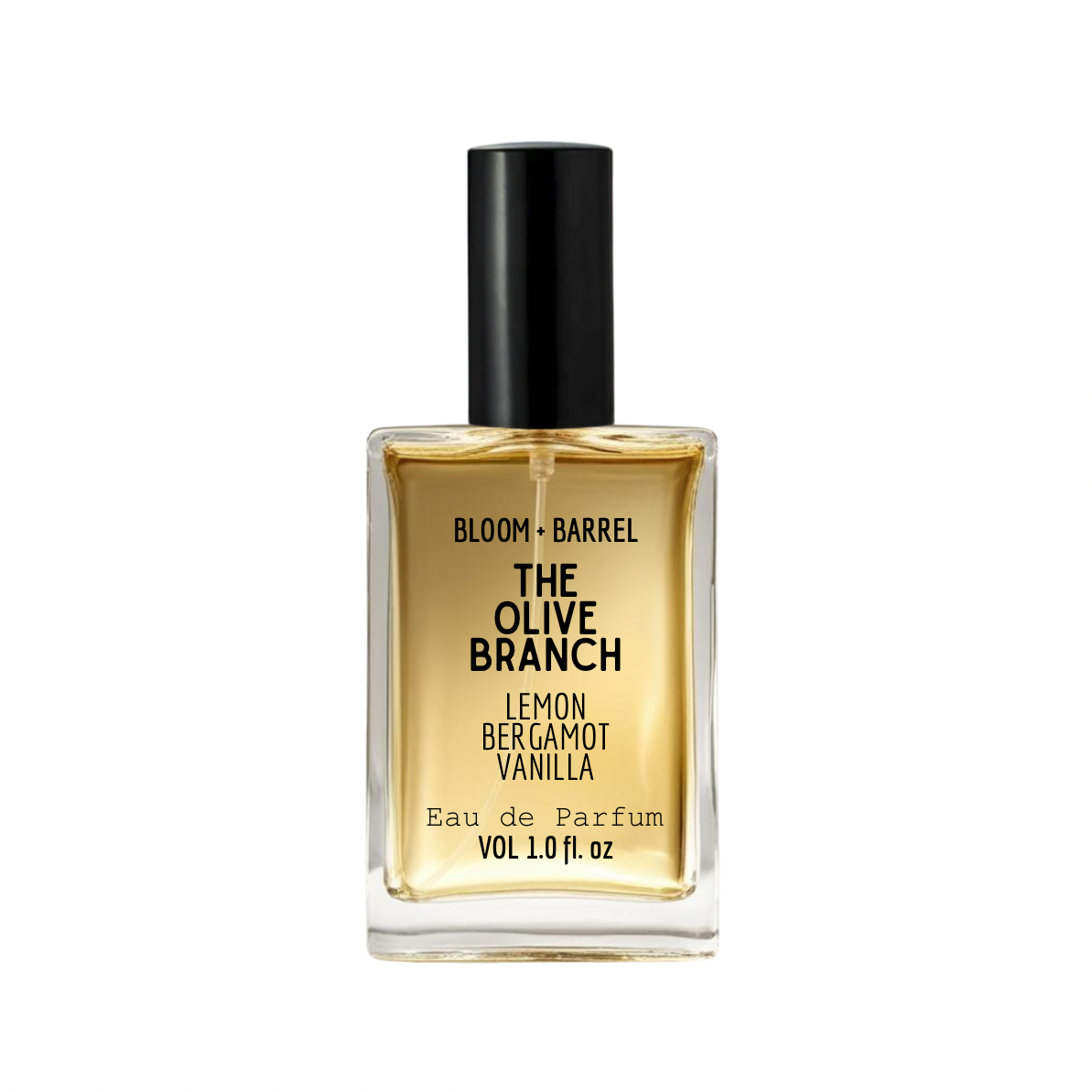Perfume bottle labeled 'The Olive Branch' by Bloom & Barrel on a white background