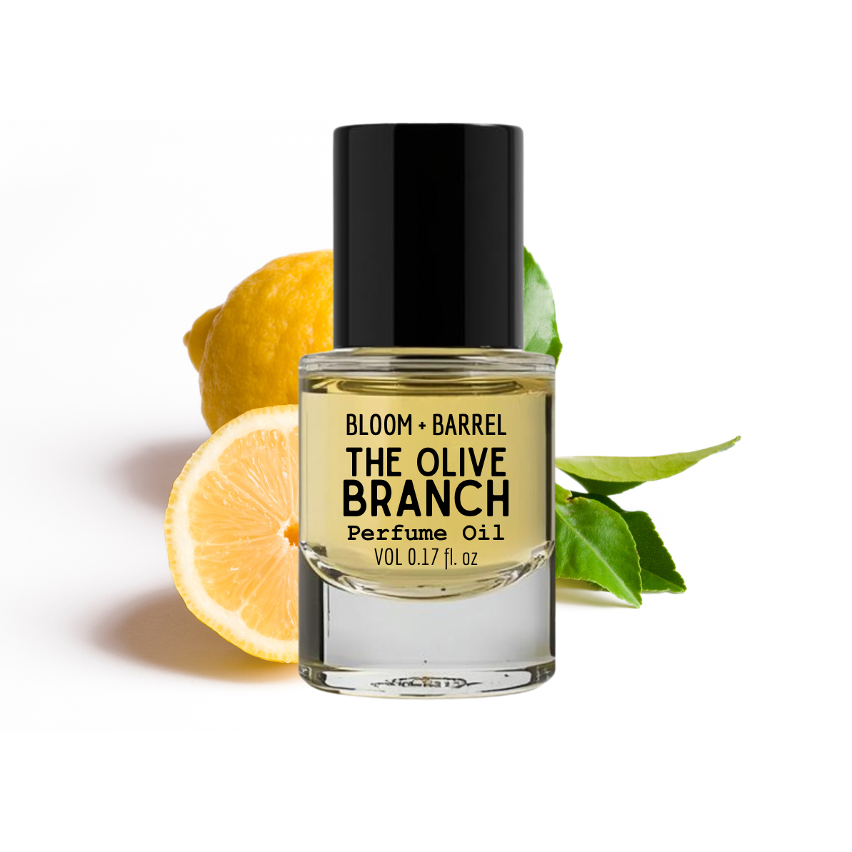 Perfume oil bottle labeled 'The Olive Branch' with lemons and leaves on a white background