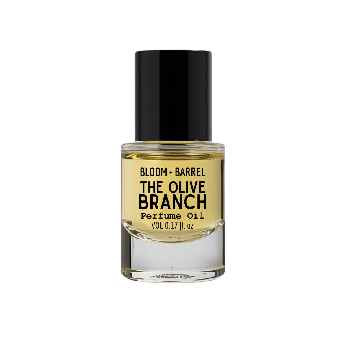 Perfume oil bottle labeled 'The Olive Branch' by Bloom & Barrel on a white background
