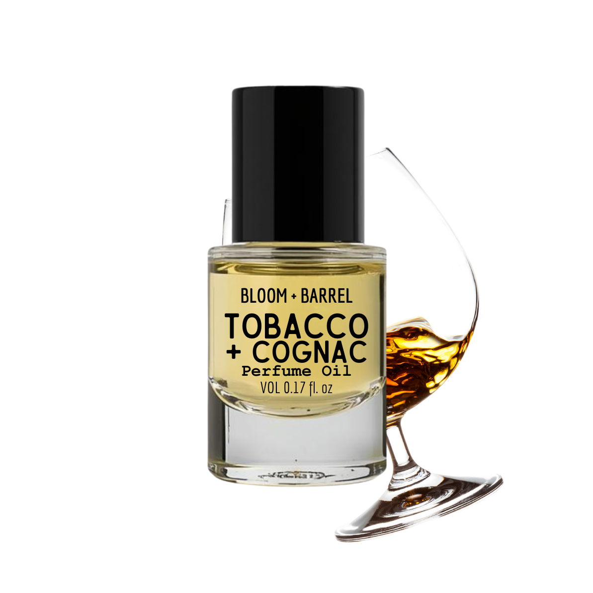 Perfume oil bottle labeled 'Tobacco + Cognac' with a glass of cognac on a white background