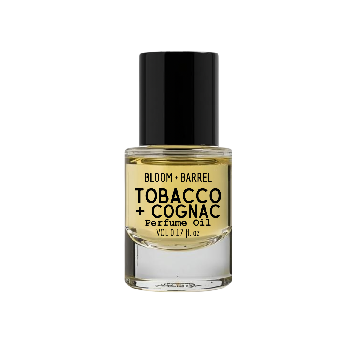 Perfume oil bottle labeled 'Tobacco + Cognac' by Bloom & Barrel on a white background