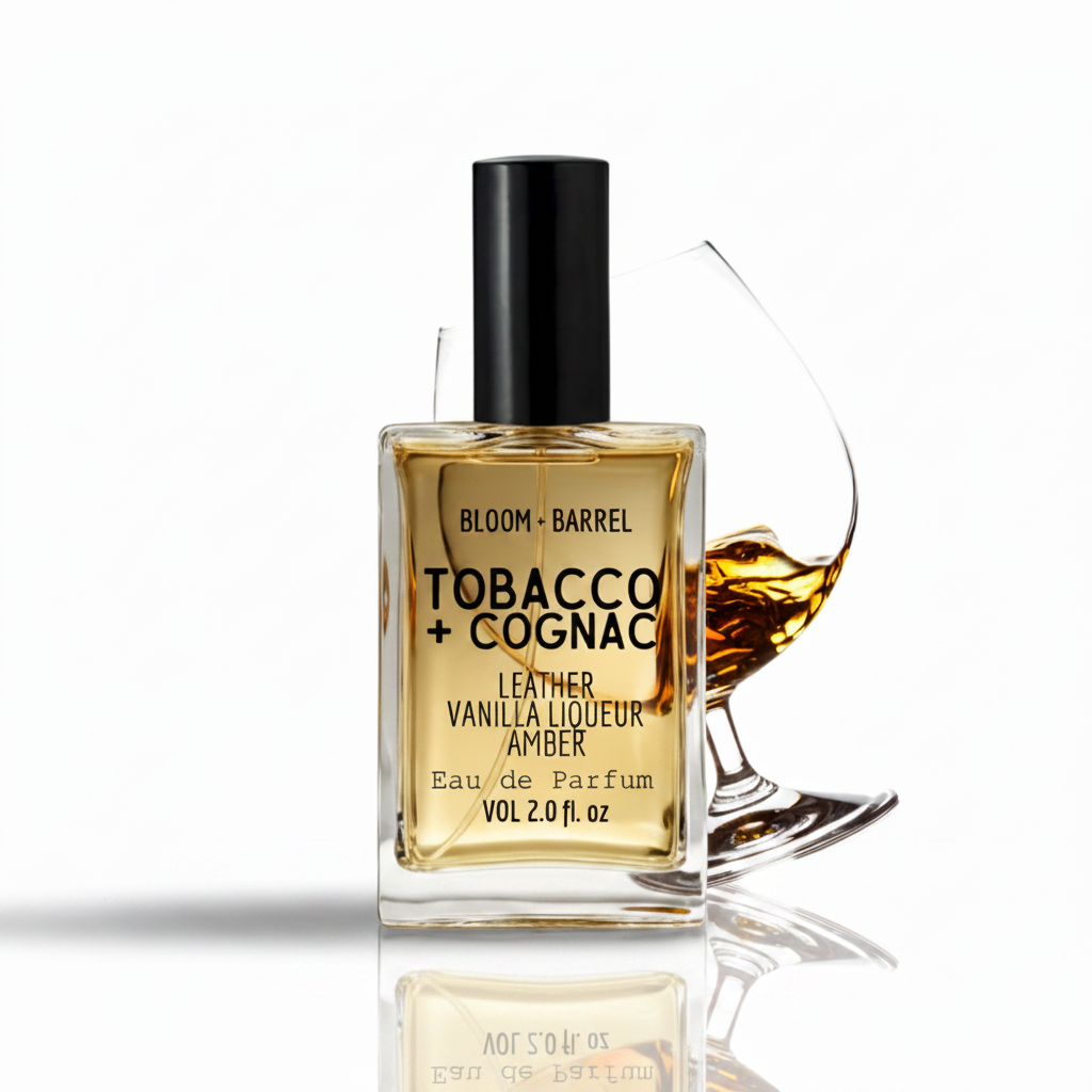 Bottle of Bloom & Barrel Tobacco + Cognac perfume with a glass of cognac on a white background
