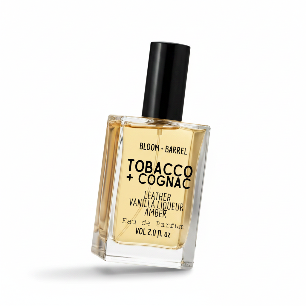 Perfume bottle labeled 'Tobacco + Cognac' by Bloom & Barrel on a white background