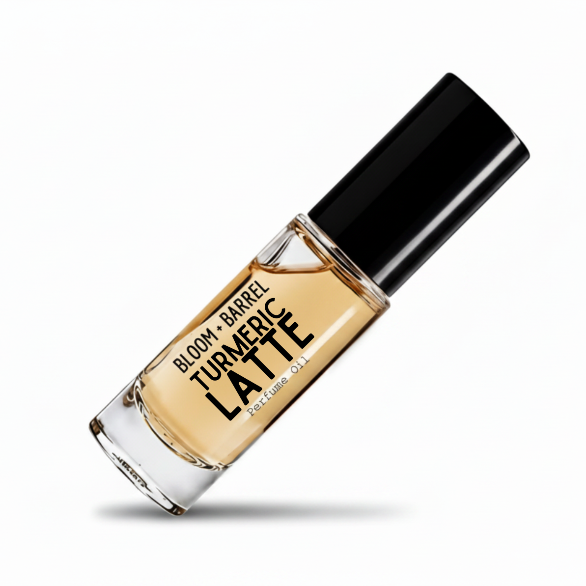A clear glass perfume bottle filled with light amber liquid, featuring a glossy black cap and a black printed label that reads 'BLOOM BARREL BANANA PUDDING Parfum 0.1'.
