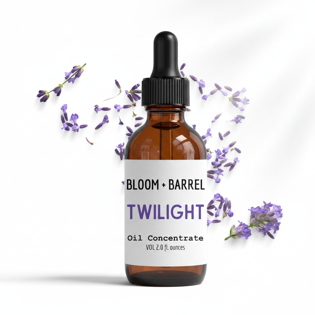 Bottle of Bloom + Barrel Twilight oil concentrate with lavender flowers on a white background
