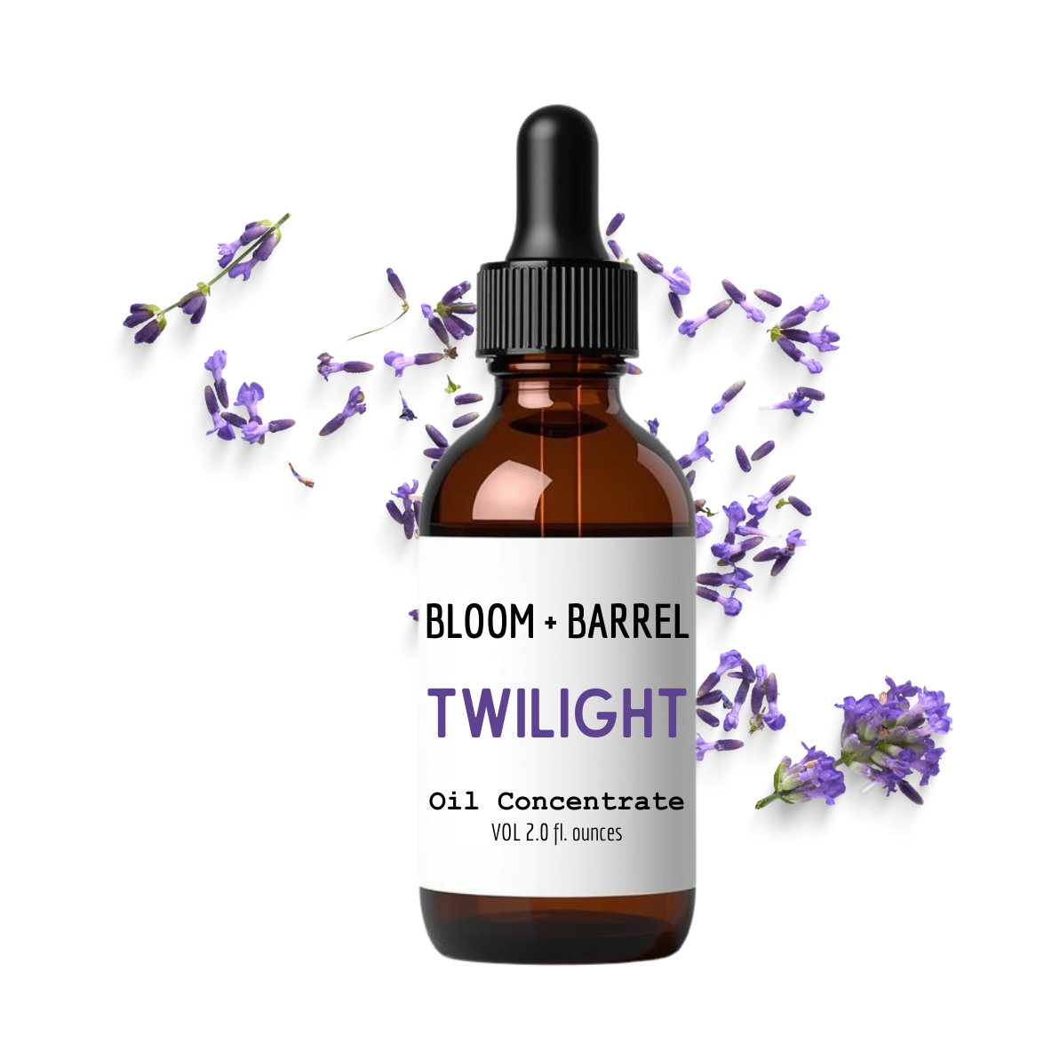 Bottle of Bloom + Barrel Twilight oil concentrate with lavender flowers on a white background