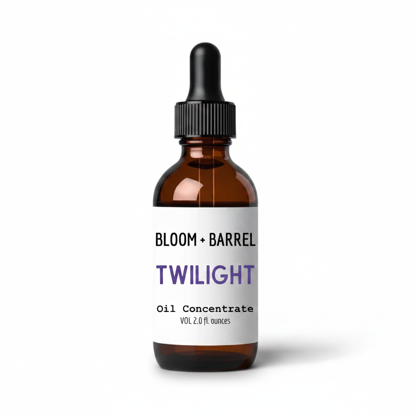 Bottle of Bloom + Barrel Twilight oil concentrate on a white background