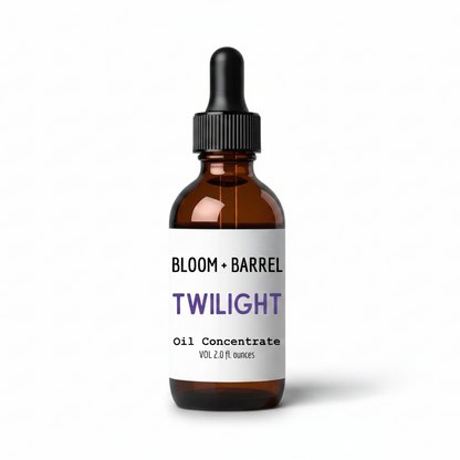 Bottle of Bloom + Barrel Twilight oil concentrate on a white background