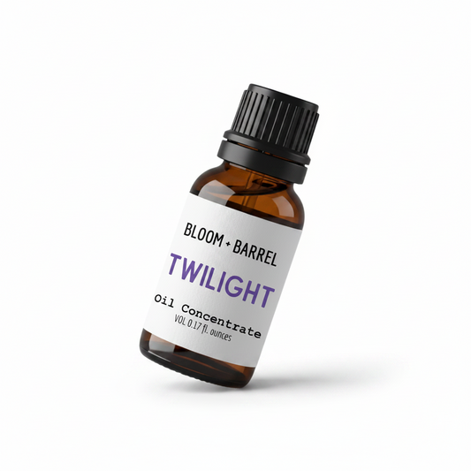 Bottle of Bloom & Barrel Twilight oil concentrate on a white background