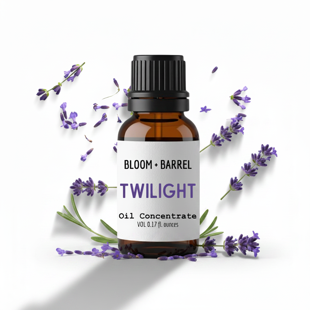 Bottle of Bloom & Barrel Twilight oil concentrate with lavender flowers on a white background