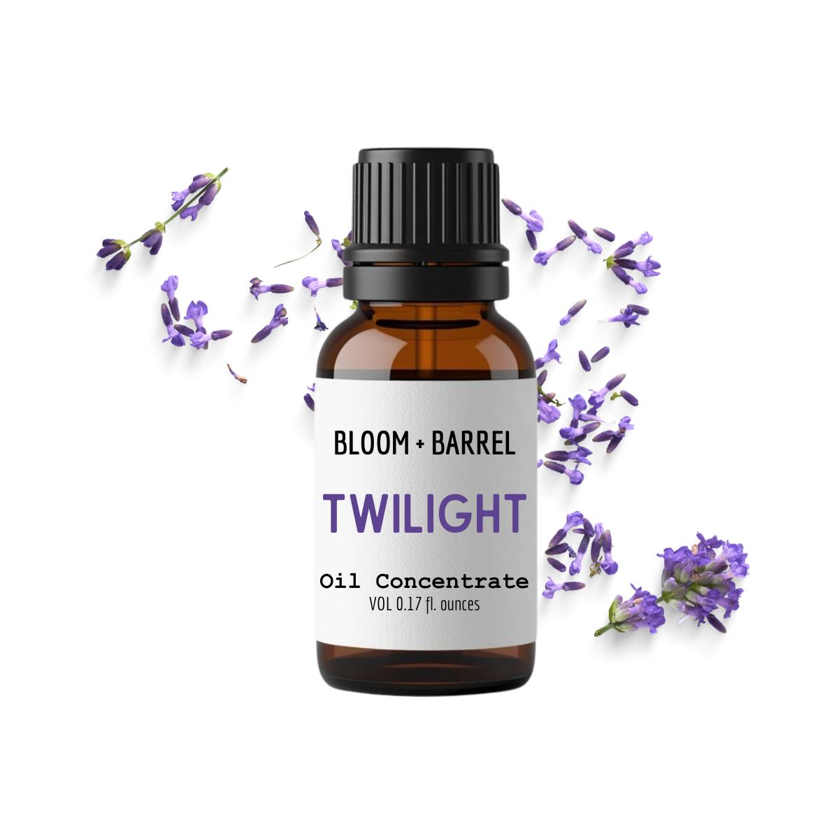 Bottle of Bloom & Barrel Twilight oil concentrate with lavender flowers on a white background