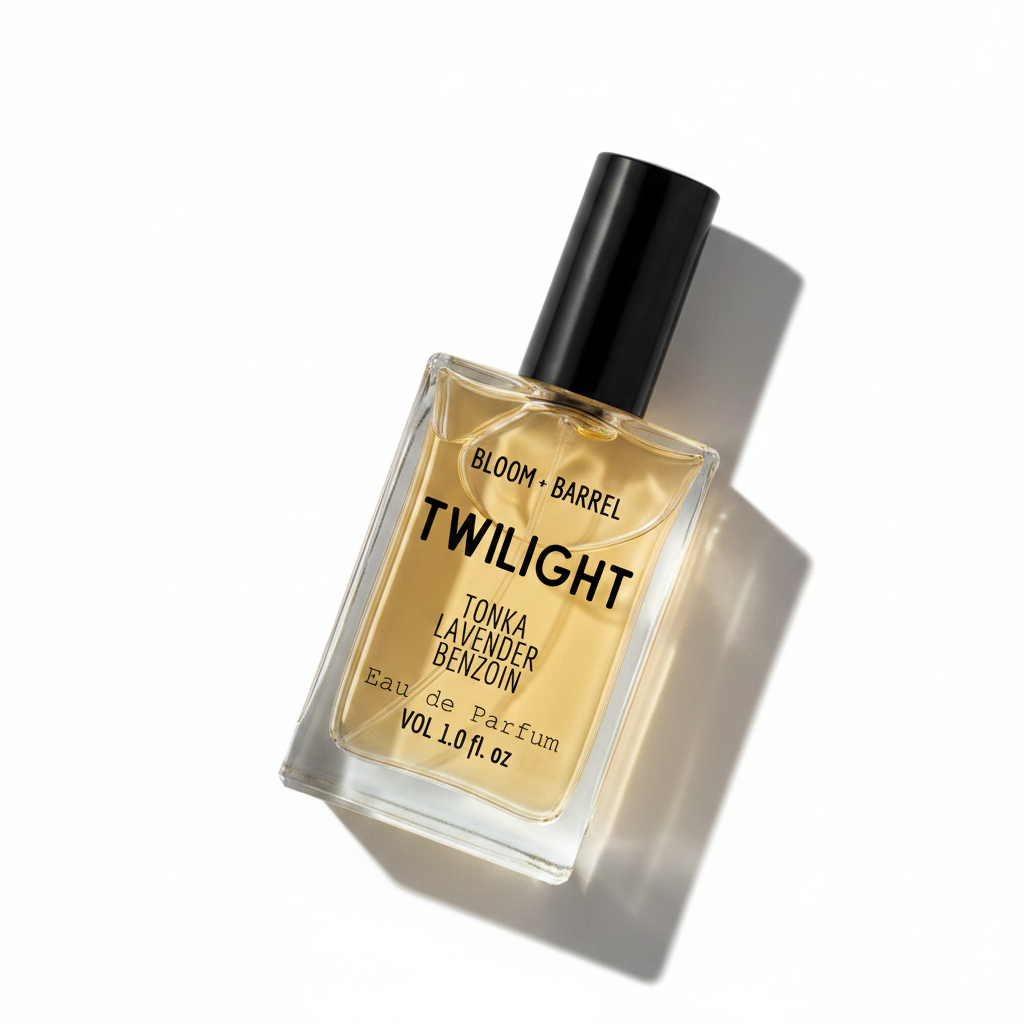 Perfume bottle labeled 'Twilight' by Bloom & Barrel on a white background