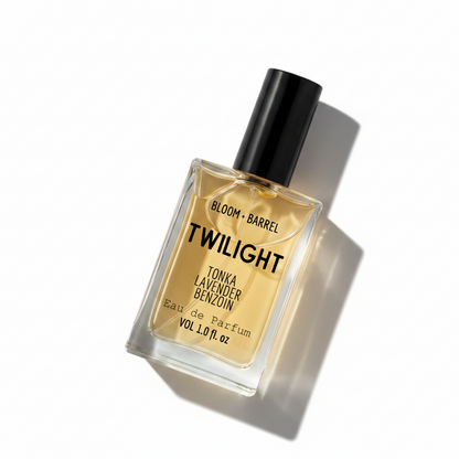 Perfume bottle labeled 'Twilight' by Bloom & Barrel on a white background