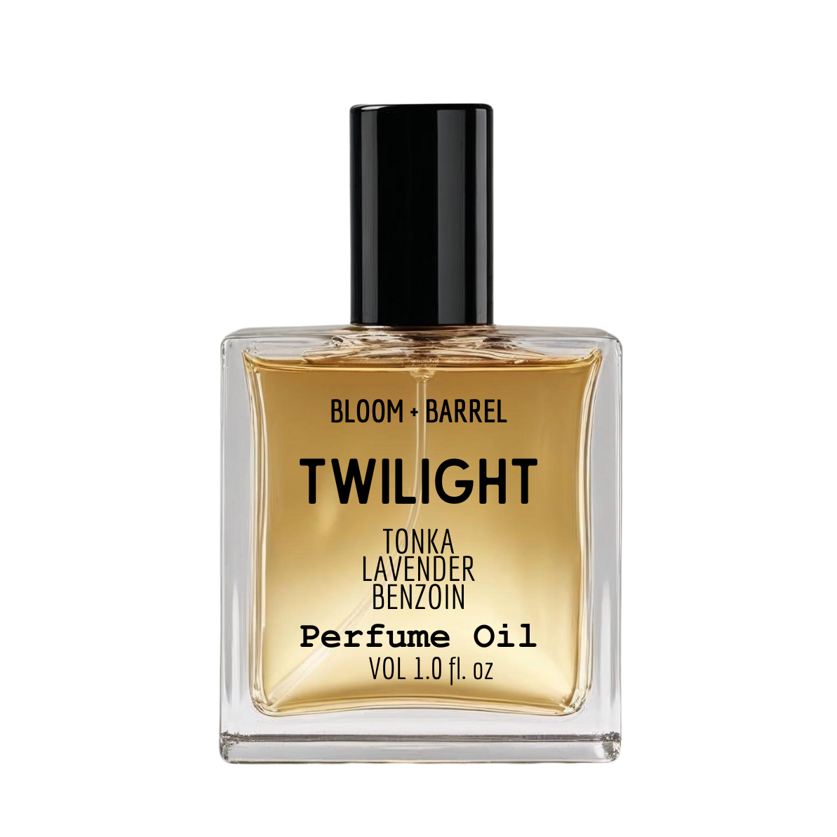 Perfume oil bottle labeled 'Twilight' by Bloom & Barrel on a white background