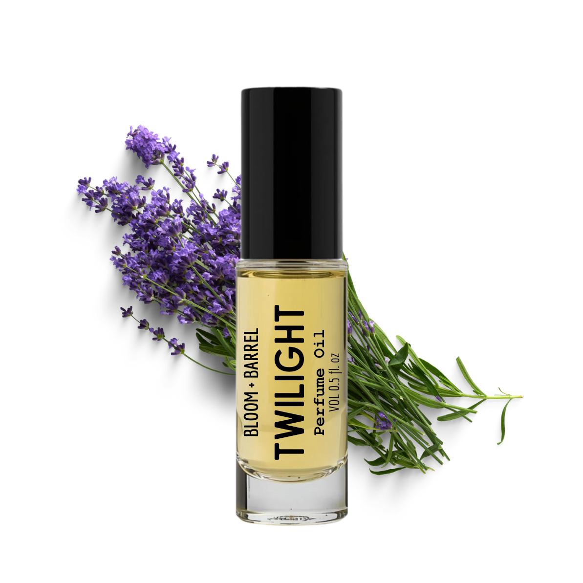 Perfume bottle labeled 'Twilight' by Bloom & Barrel with lavender and rosemary on a white background
