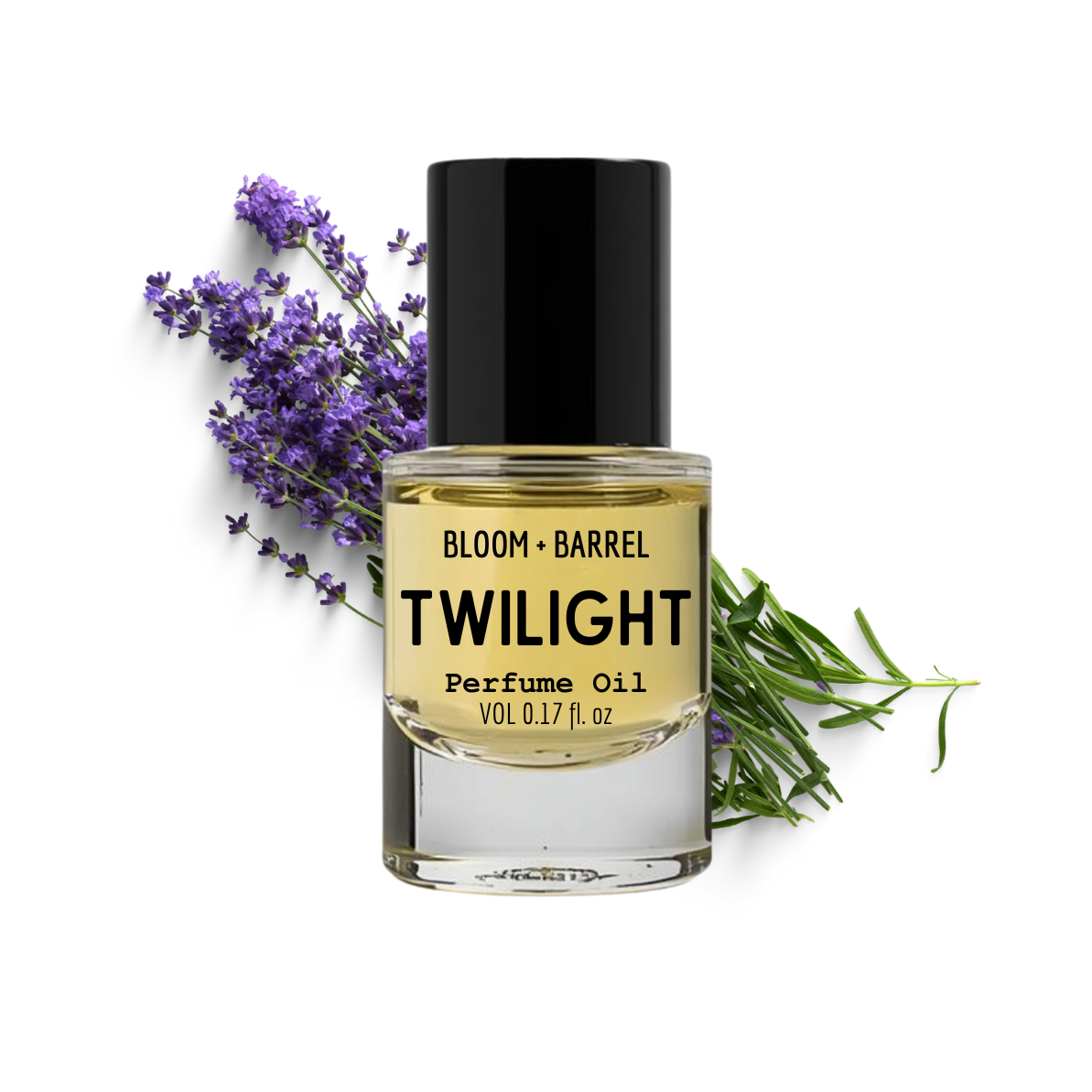 Bottle of Bloom & Barrel Twilight Perfume Oil with lavender and rosemary on a white background