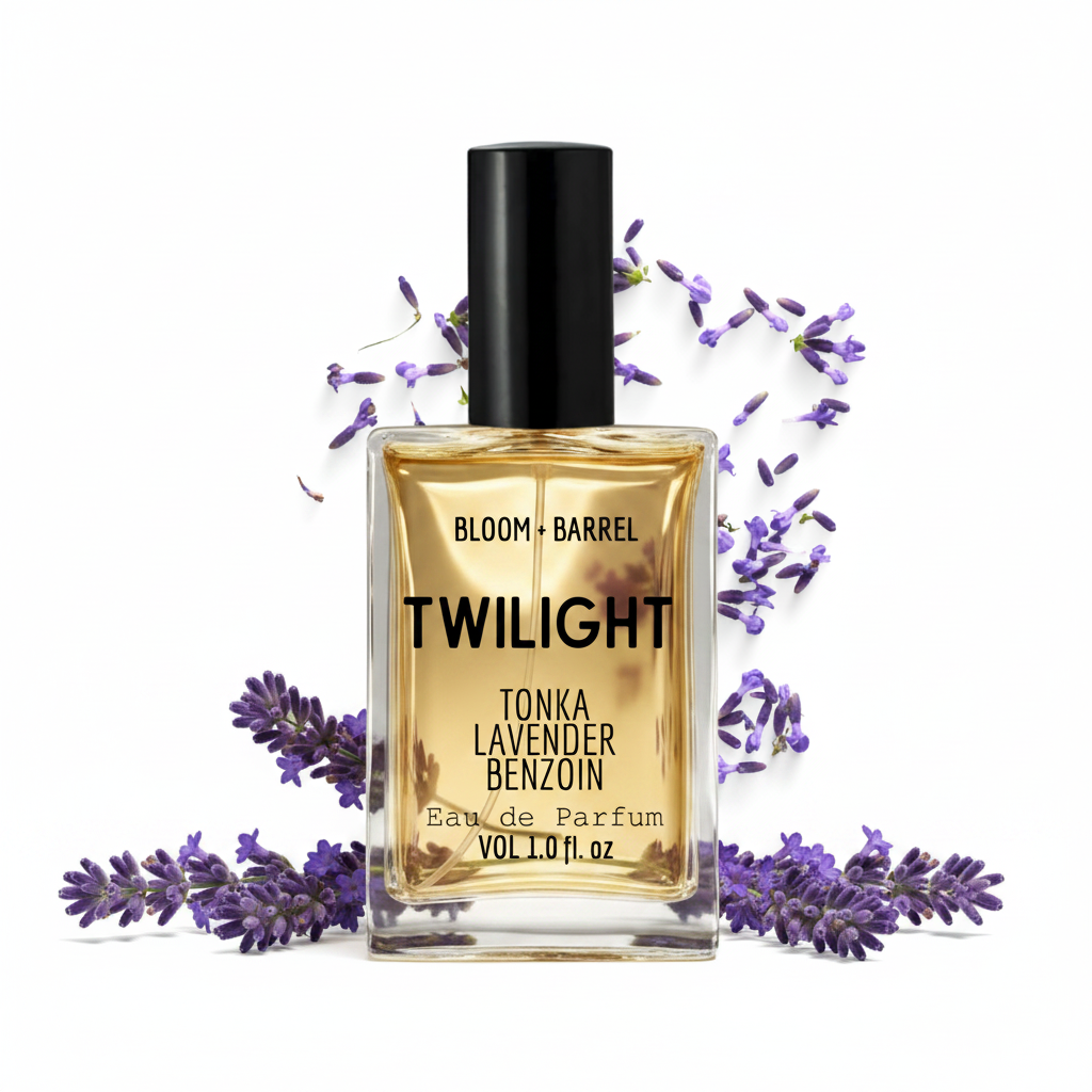 Perfume bottle labeled 'Twilight' by Bloom & Barrel with lavender flowers on a white background