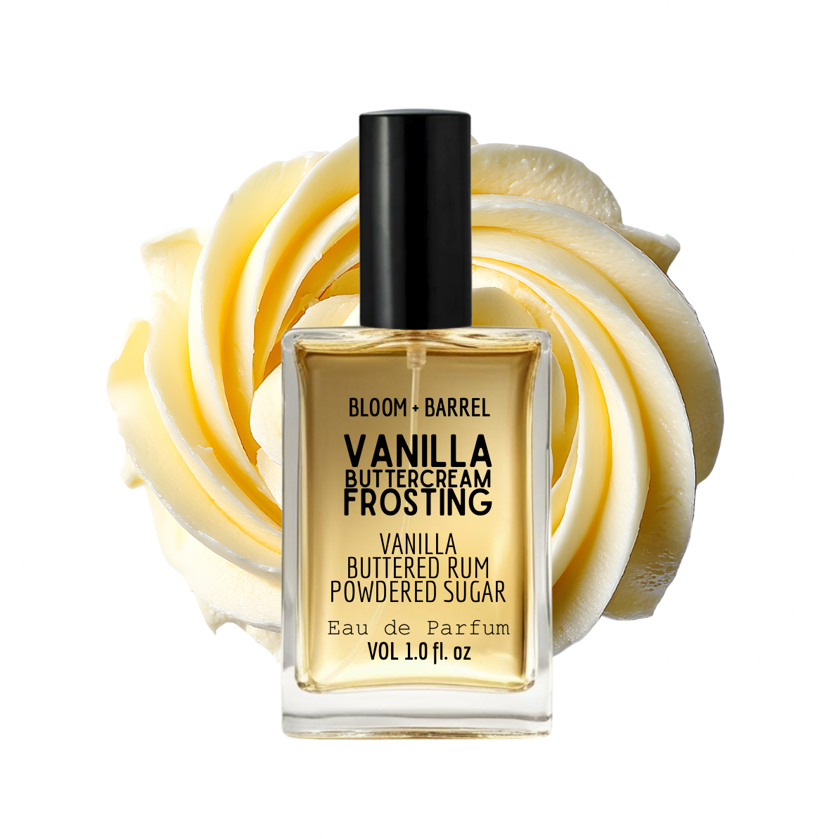 Perfume bottle labeled 'Vanilla Buttercream Frosting' with a swirl of vanilla cream in the background