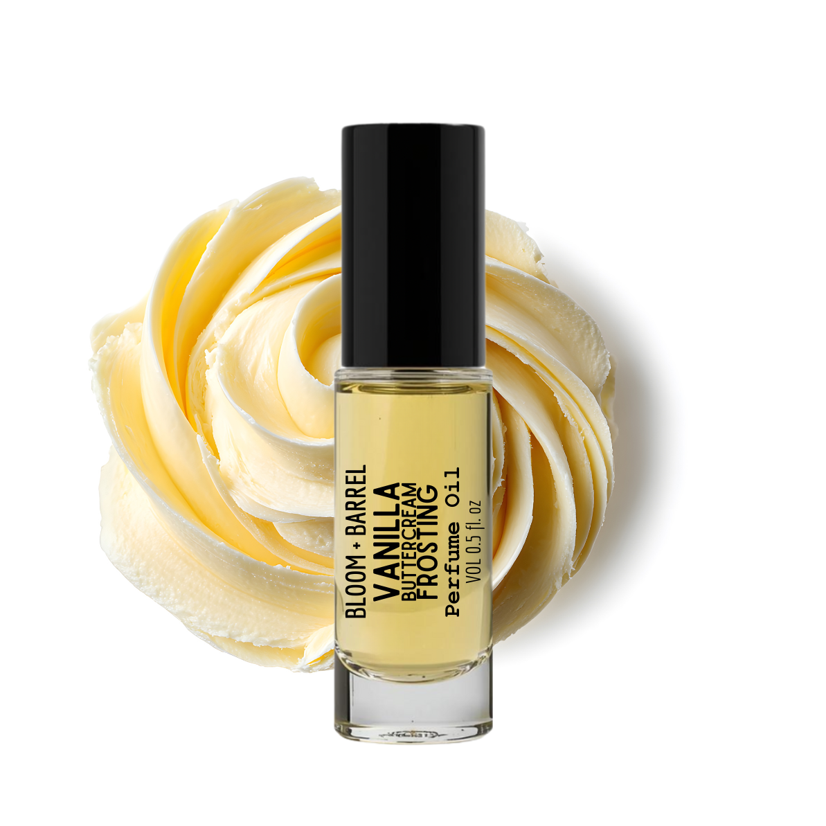 Bottle of Vanilla Barrel Buttercream Frosting perfume with a swirl of frosting on a white background