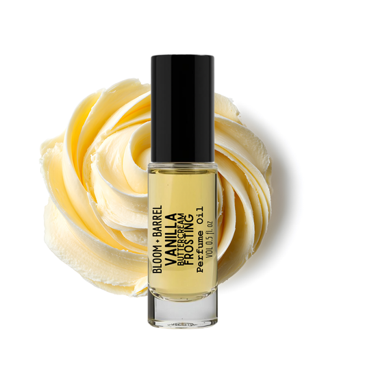 Bottle of Vanilla Barrel Buttercream Frosting perfume with a swirl of frosting on a white background