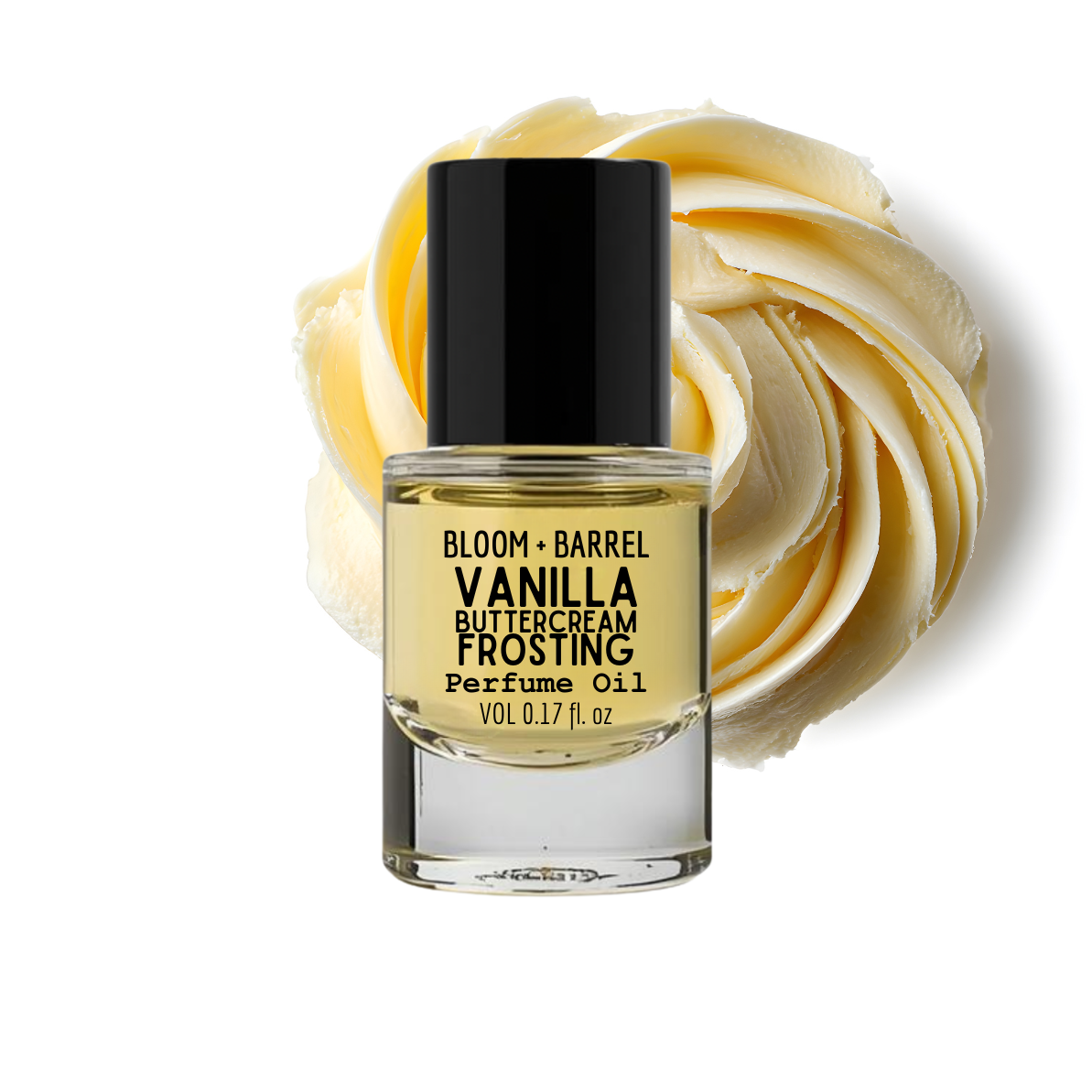 Vanilla buttercream frosting perfume oil bottle with a swirl of vanilla buttercream on a white background