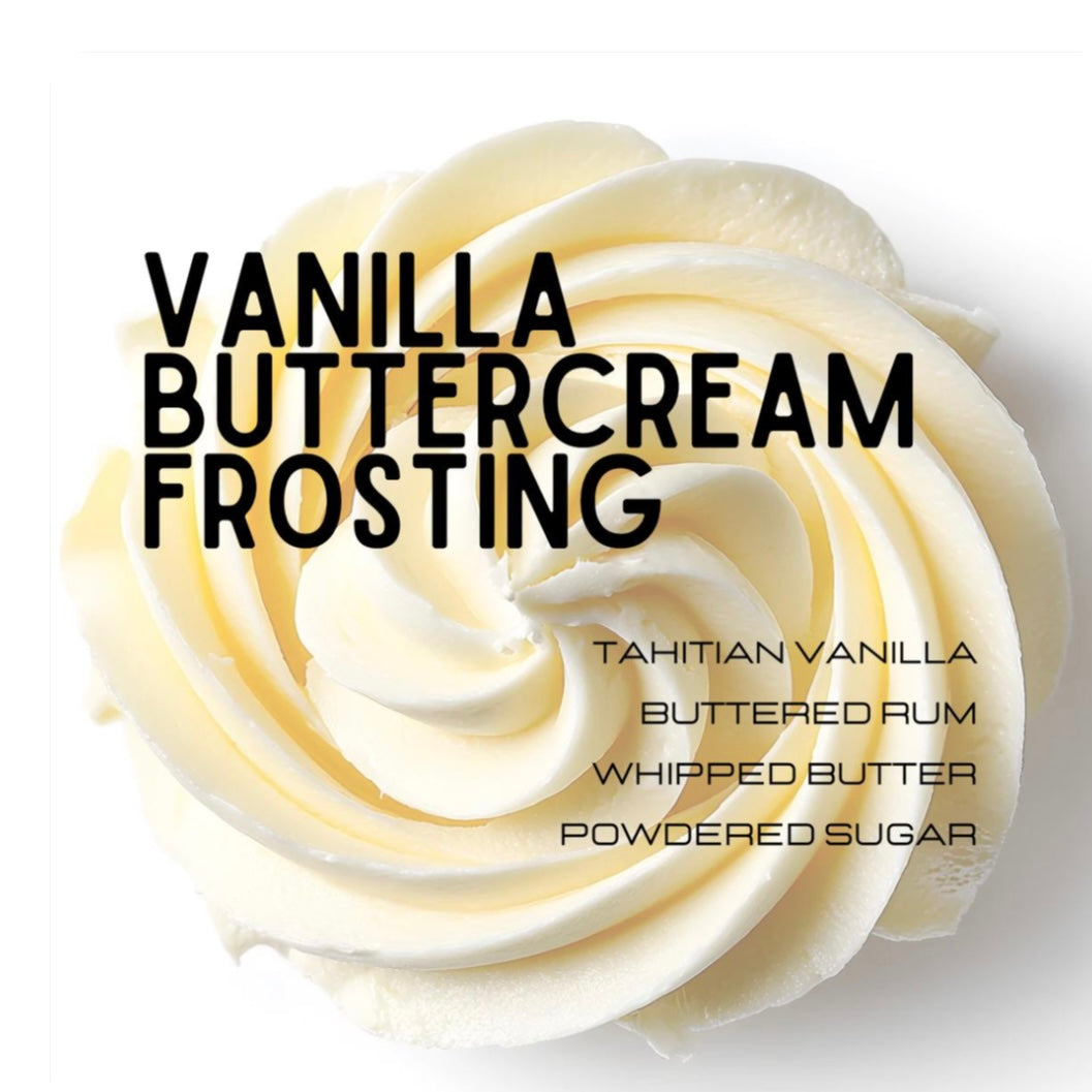 Vanilla buttercream frosting with ingredients listed on a white background