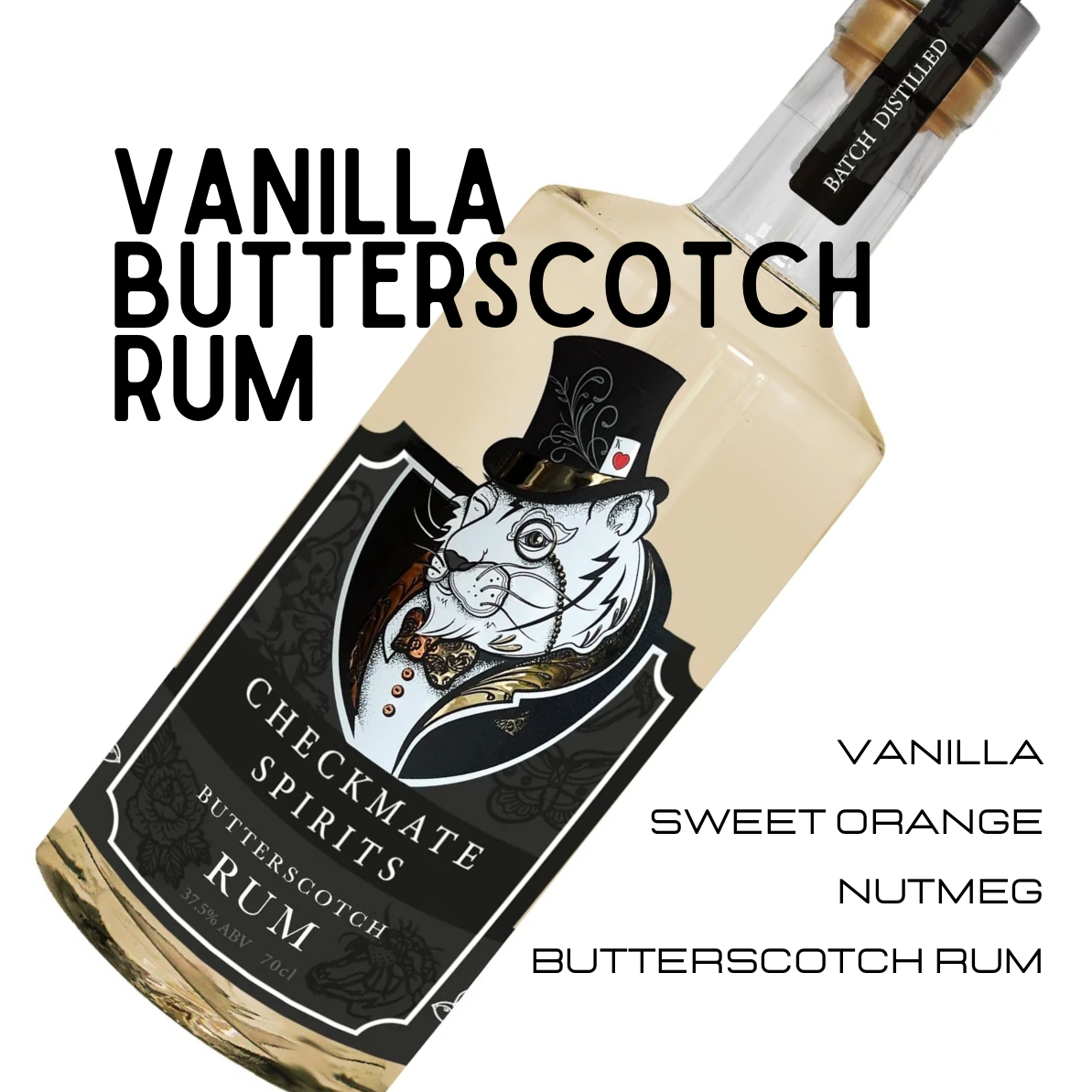 Vanilla Butterscotch Rum bottle with decorative label on a white background