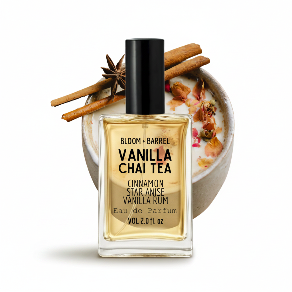 Vanilla Chai Tea perfume bottle with a cup of tea and cinnamon sticks on a white background