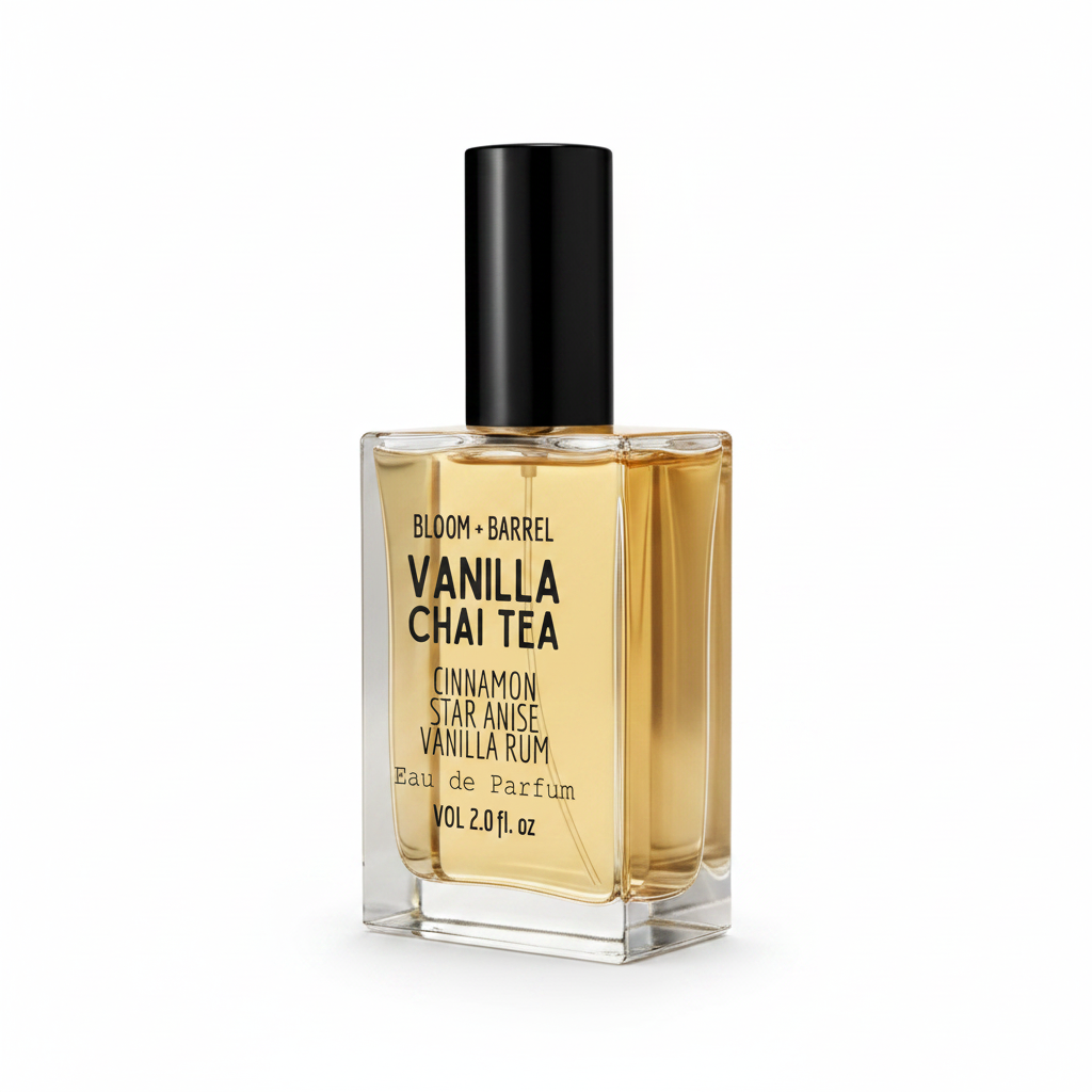 Bottle of Bloom & Barrel Vanilla Chai Tea eau de parfum on a white background