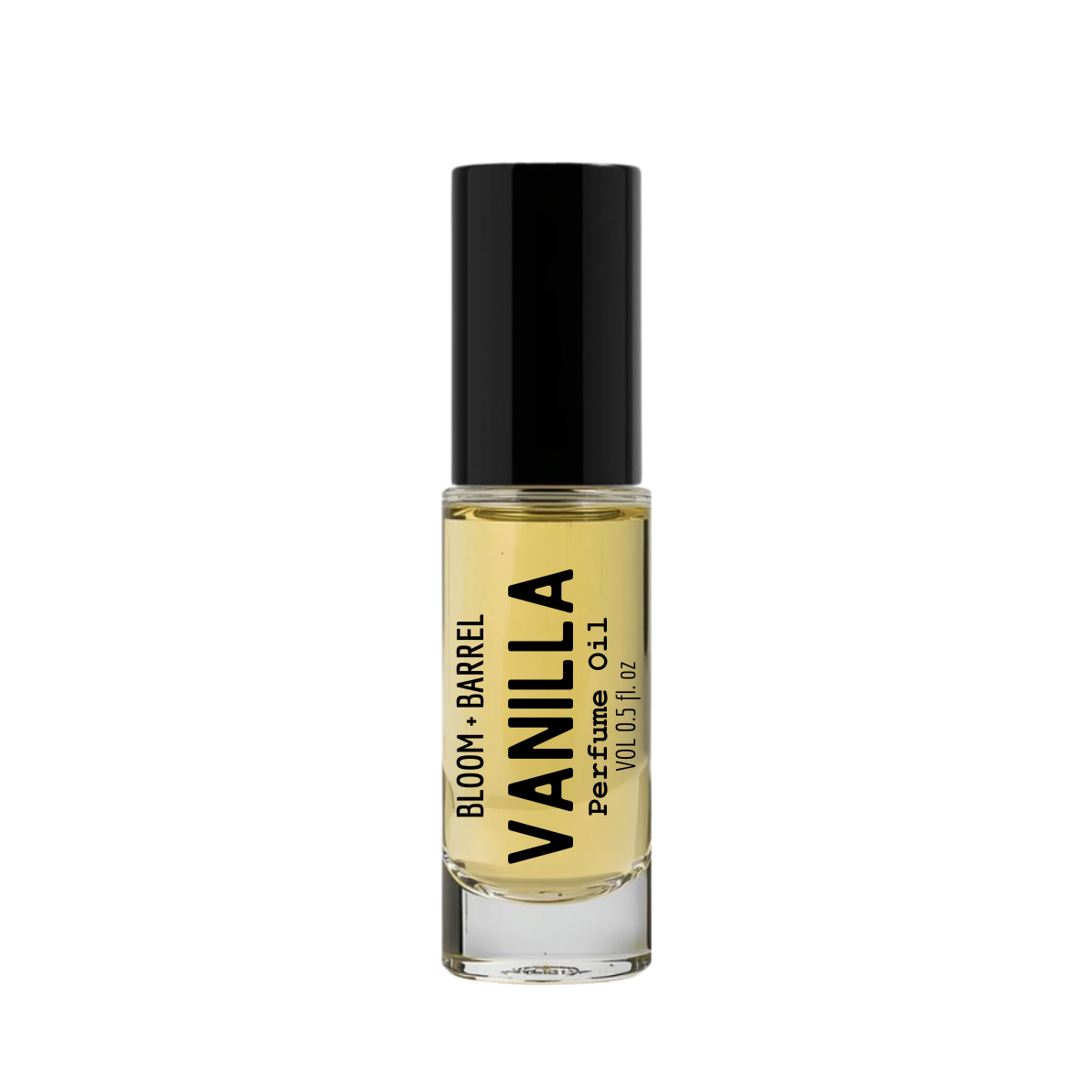 Perfume bottle labeled 'Vanilla' by 'Bloom & Barrel' on a white background
