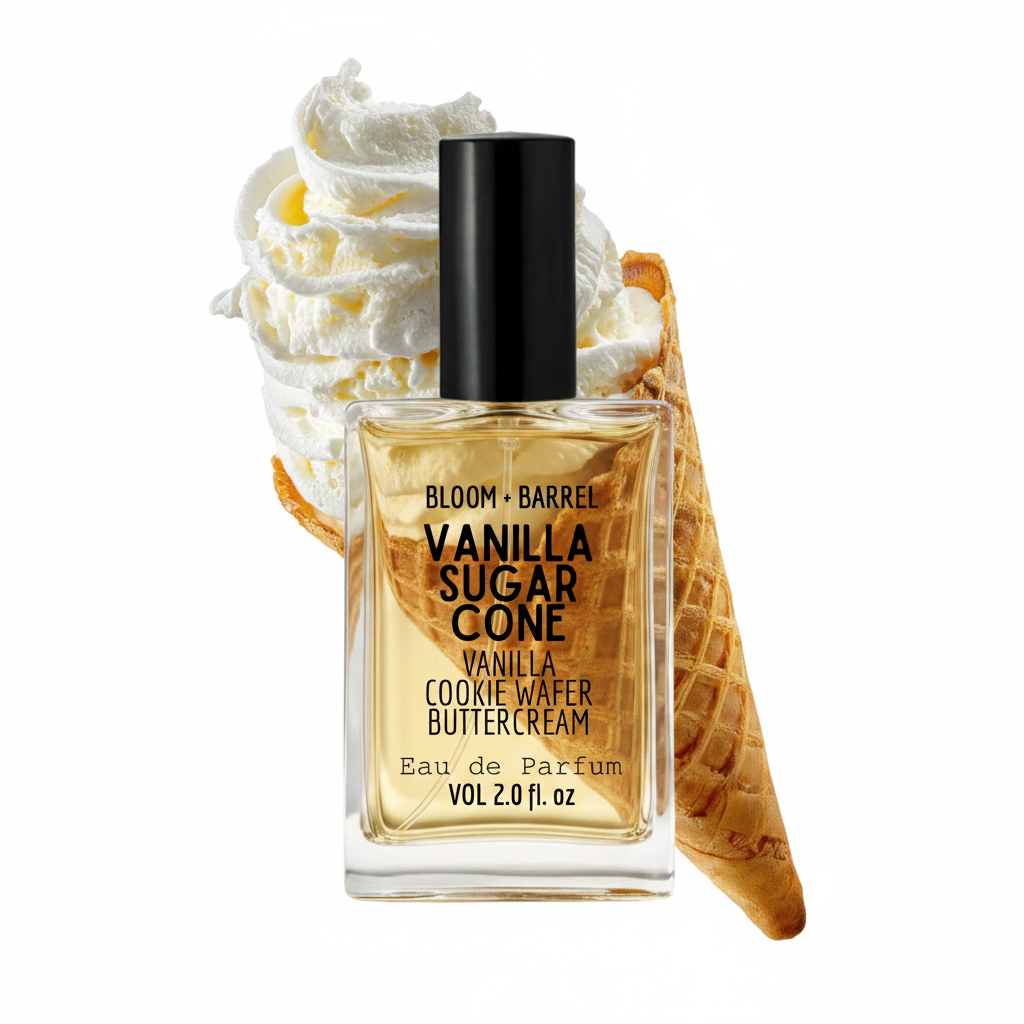 Bloom + Barrel Vanilla Sugar Cone Eau de Parfum in a clear rectangular bottle with a black cap, shown in front of whipped cream and a vanilla waffle cone on a white background.