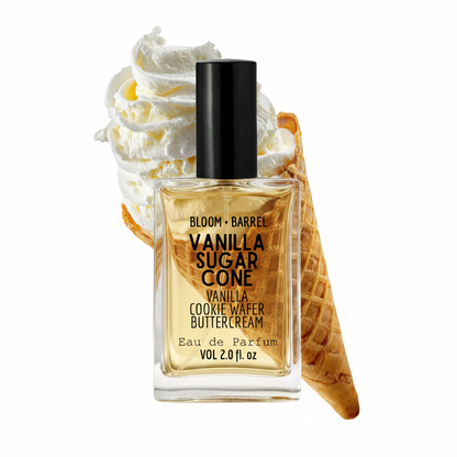 Bloom + Barrel Vanilla Sugar Cone Eau de Parfum in a clear rectangular bottle with a black cap, shown in front of whipped cream and a vanilla waffle cone on a white background.