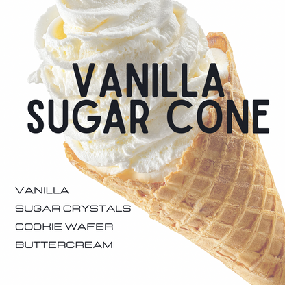 A vanilla sugar cone with whipped buttercream and visible sugar crystals, shown on a white background with large black text reading 'VANILLA SUGAR CONE' and smaller text listing flavor details.