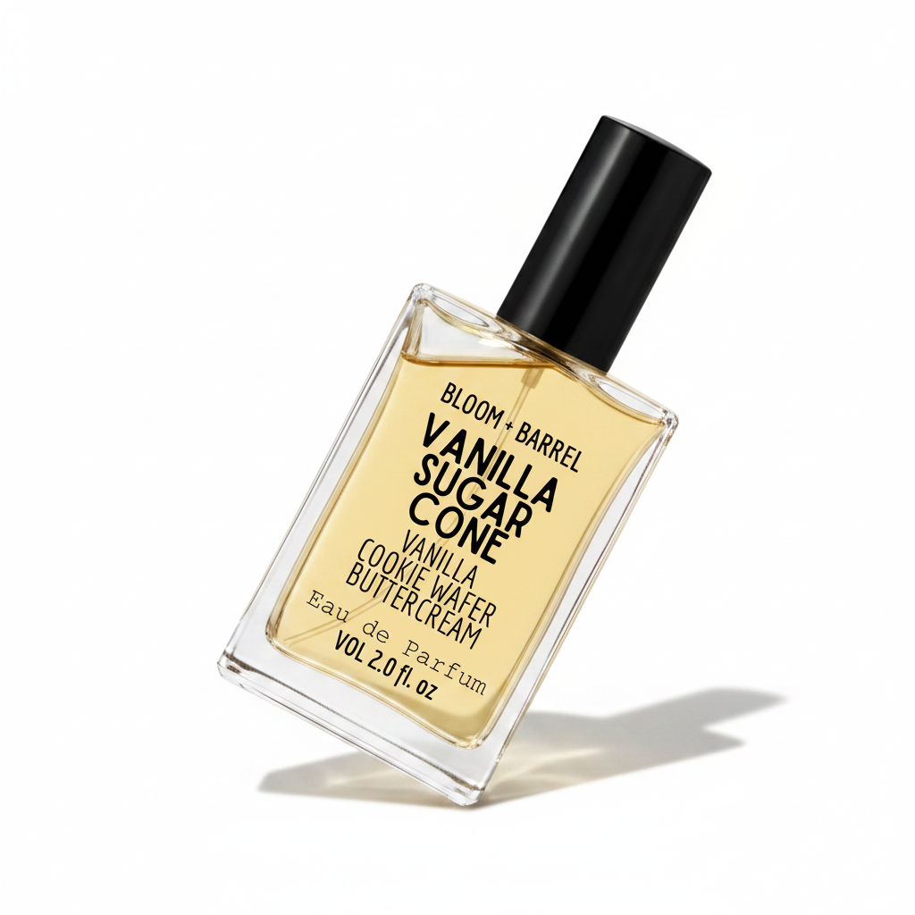 Perfume bottle labeled 'vanilla sugar cone' by Bloom & Barrel on a white background