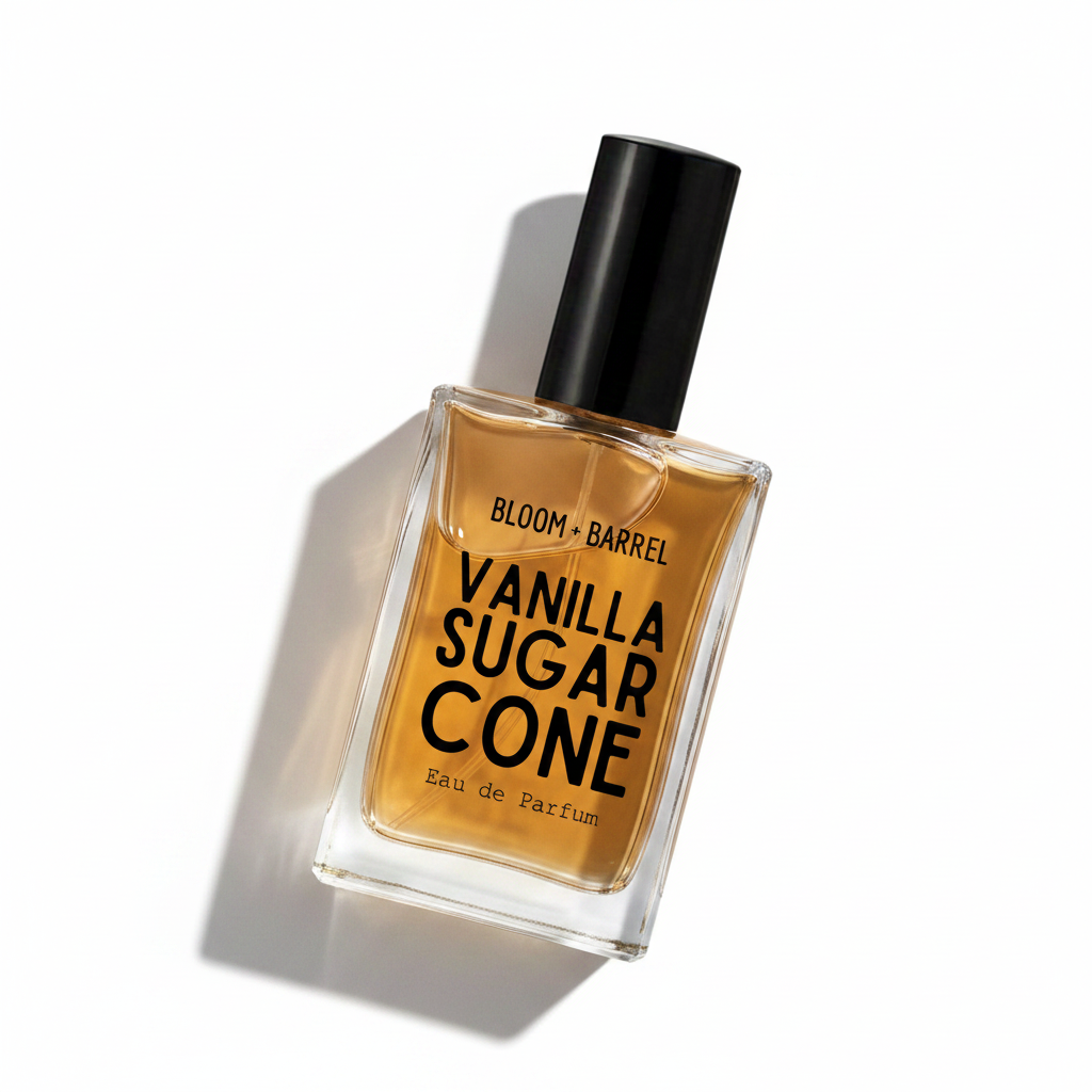 A rectangular glass bottle of Bloom Barrel Vanilla Sugar Cone Eau de Parfum with amber-colored liquid, a black cap, and bold black lettering on a clean white background.