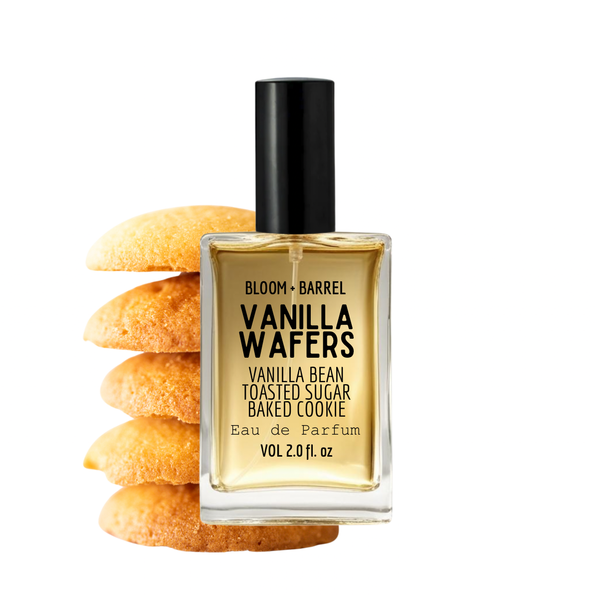 Bottle of Bloom & Barrel Vanilla Wafers Eau de Parfum with vanilla wafers on a white background