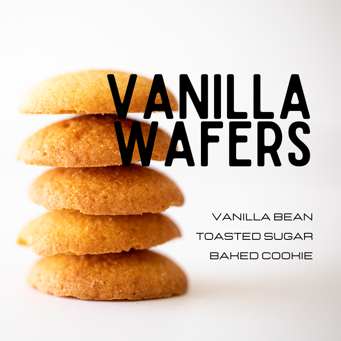 Stack of vanilla wafers with text on a white background